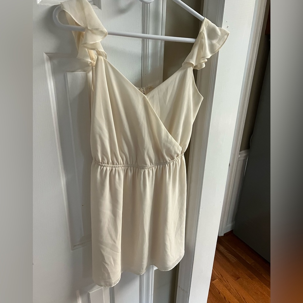 Guess, cream color, sheer overlay, ruffle straps, mini dress.